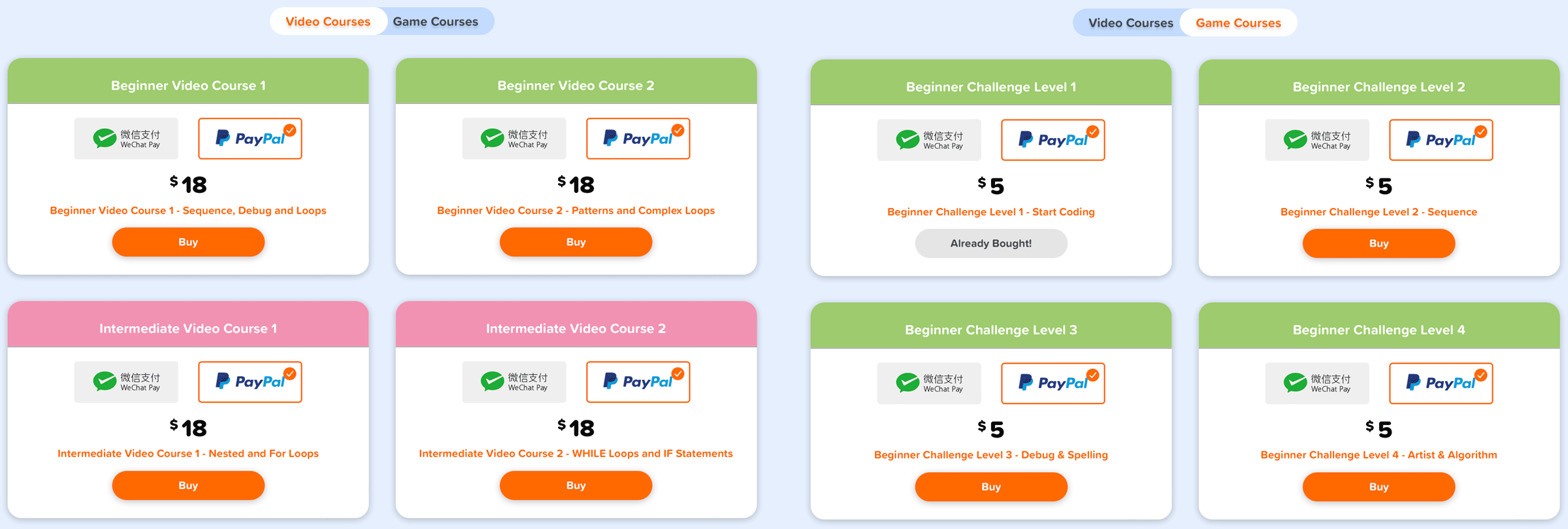 Buy courses page