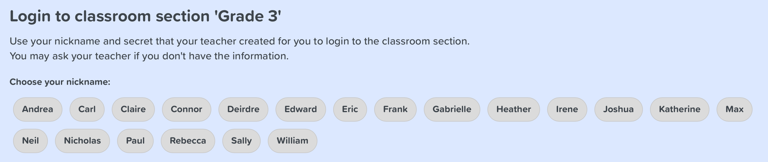 Classroom section login page