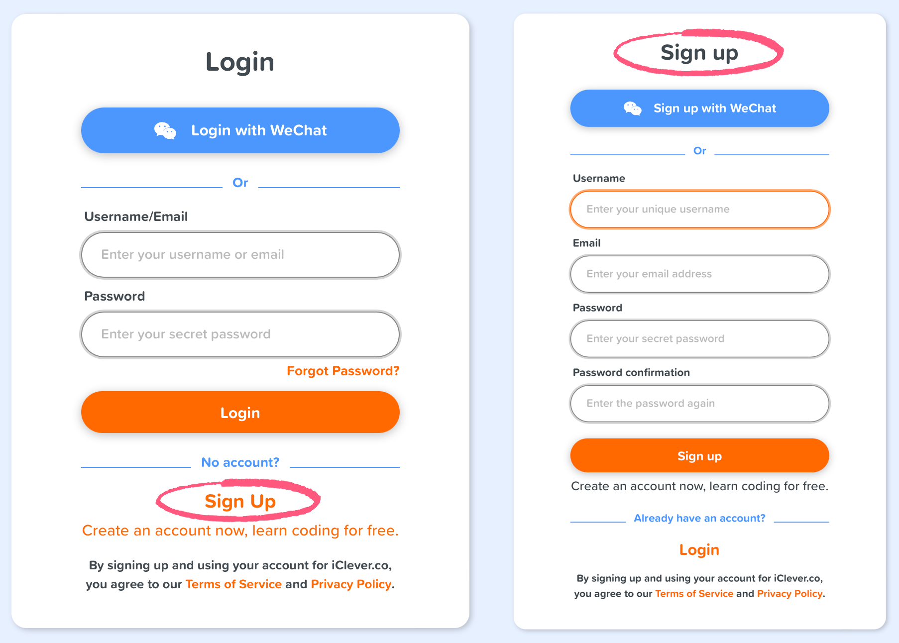 User login and sign up page