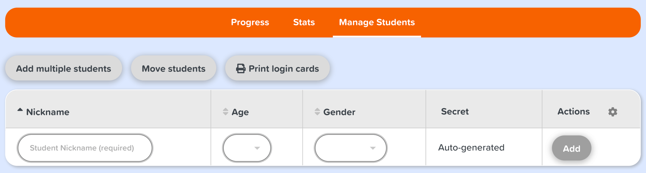 Manage Students tab